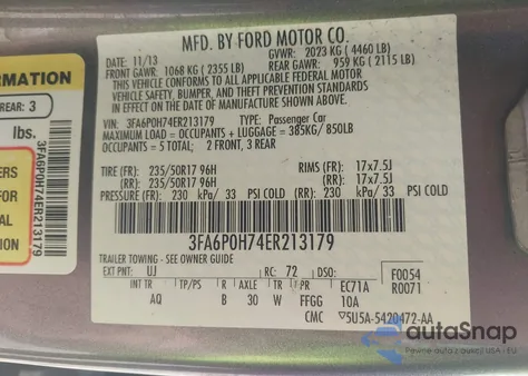 2014 Ford Fusion Se from USA, damaged, VIN 3FA6P0H74ER213179